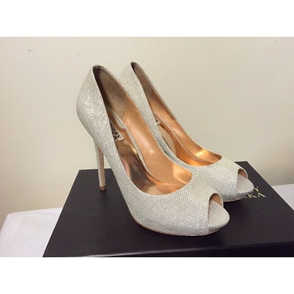 Badgley Mischka Silver Peep Toe Heels - Picture 1 of 10